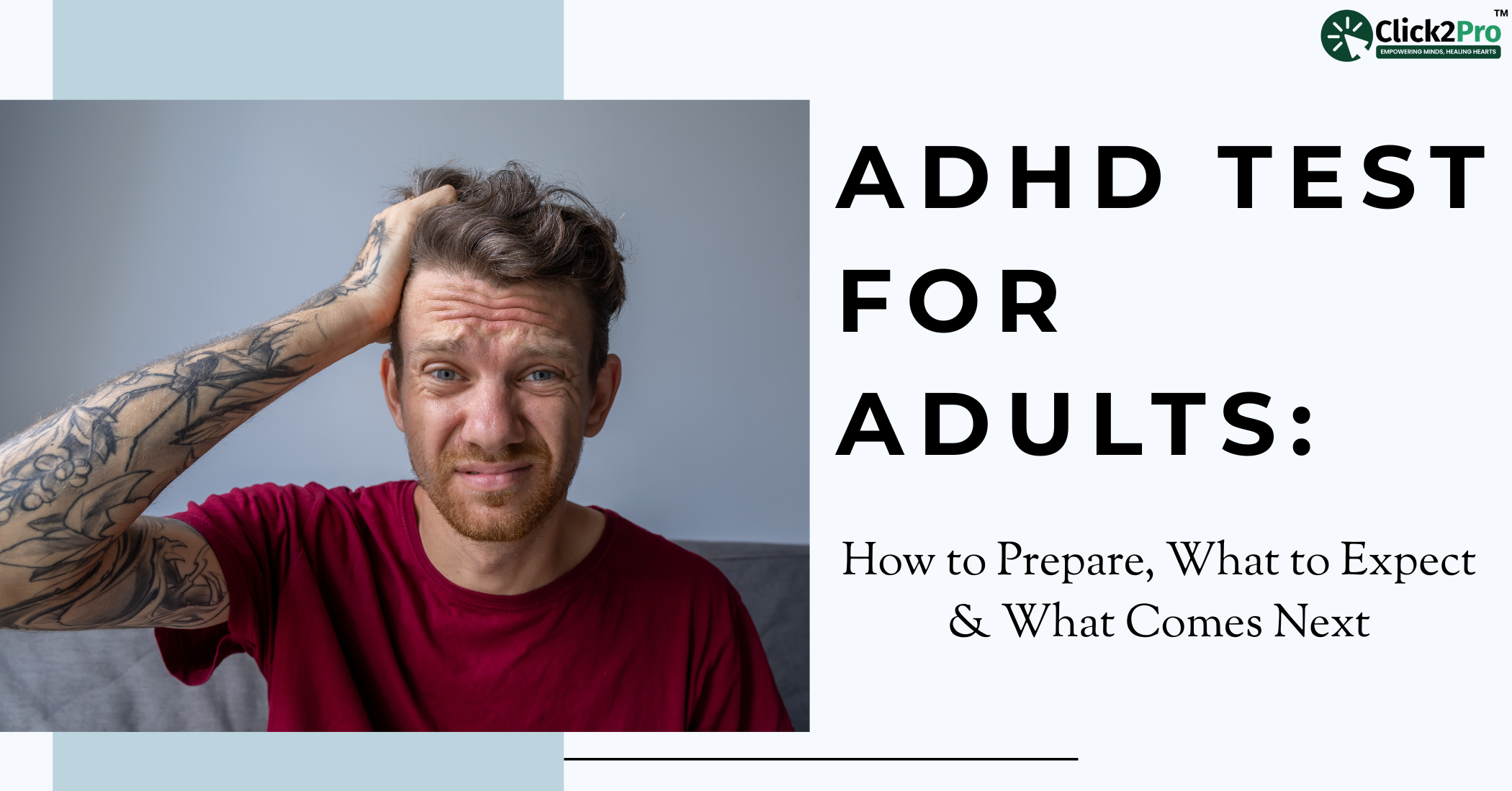 Stressed adult man preparing for ADHD test with blog title on how to get evaluated