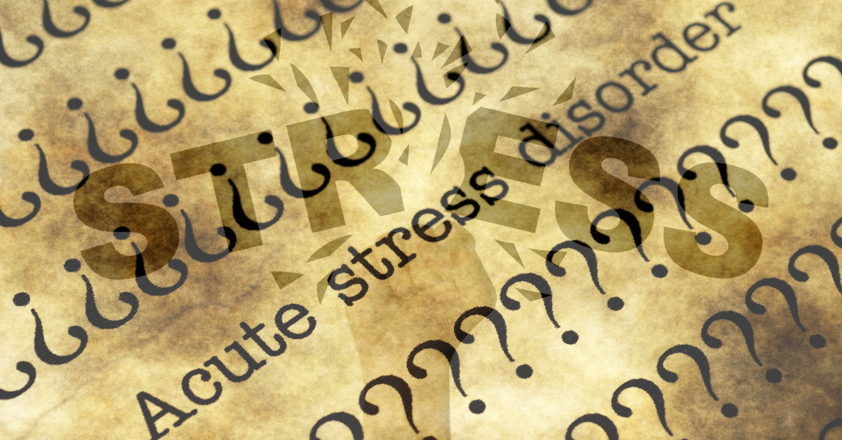 Acute stress disorder concept with stress text and question marks on grungy background.