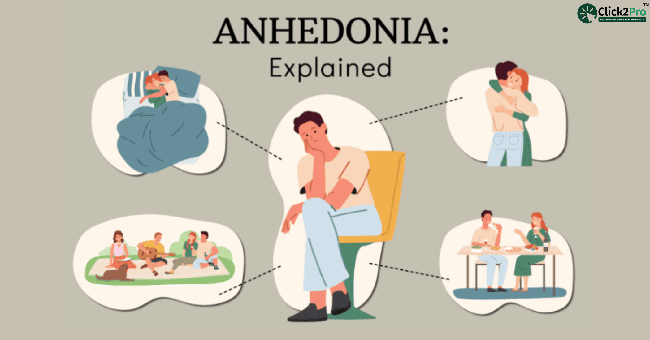 Illustration of anhedonia showing emotional numbness, lack of pleasure in socializing, intimacy, and hobbies.