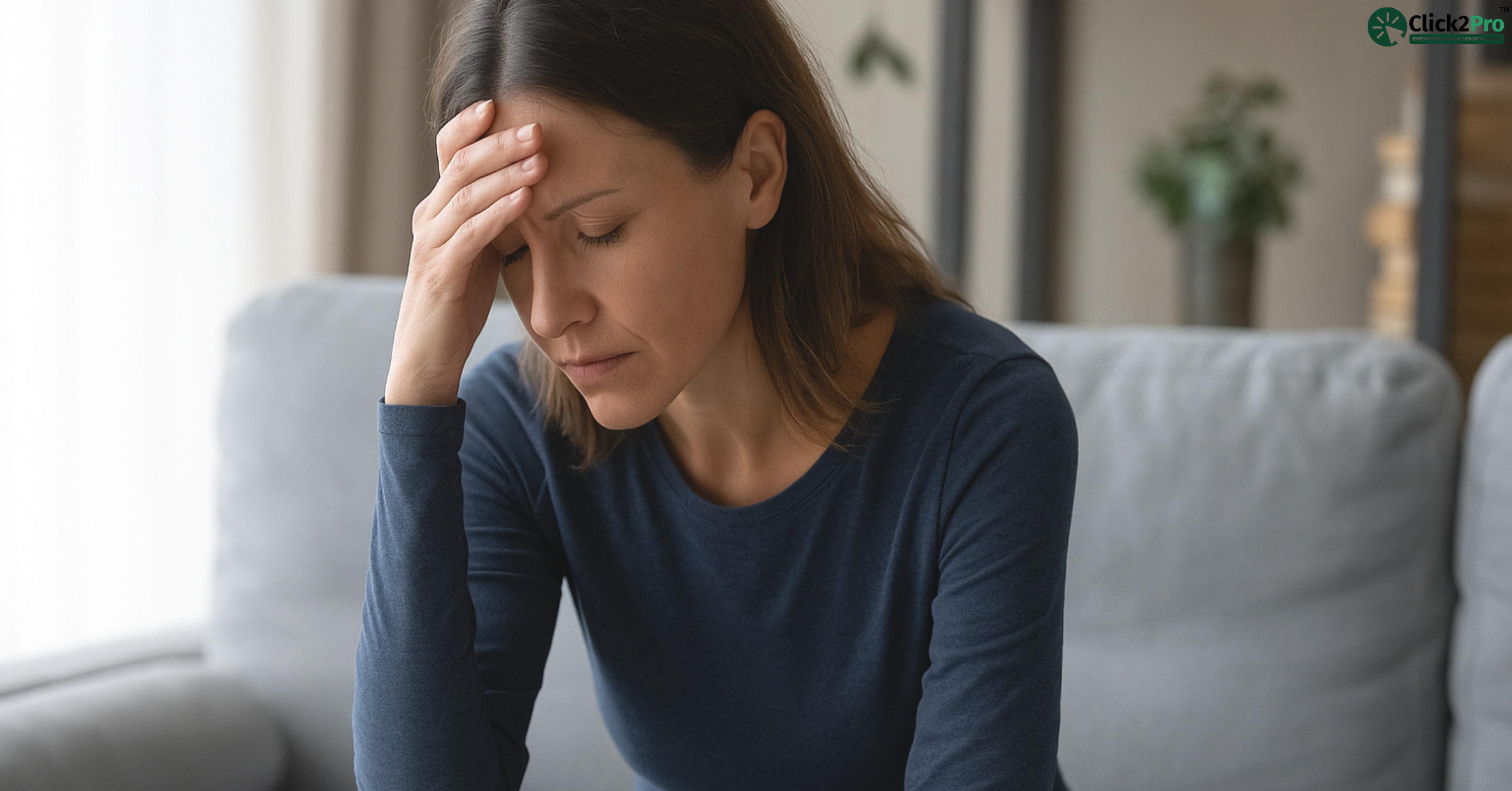 Woman showing hidden anxiety symptoms while sitting stressed at home