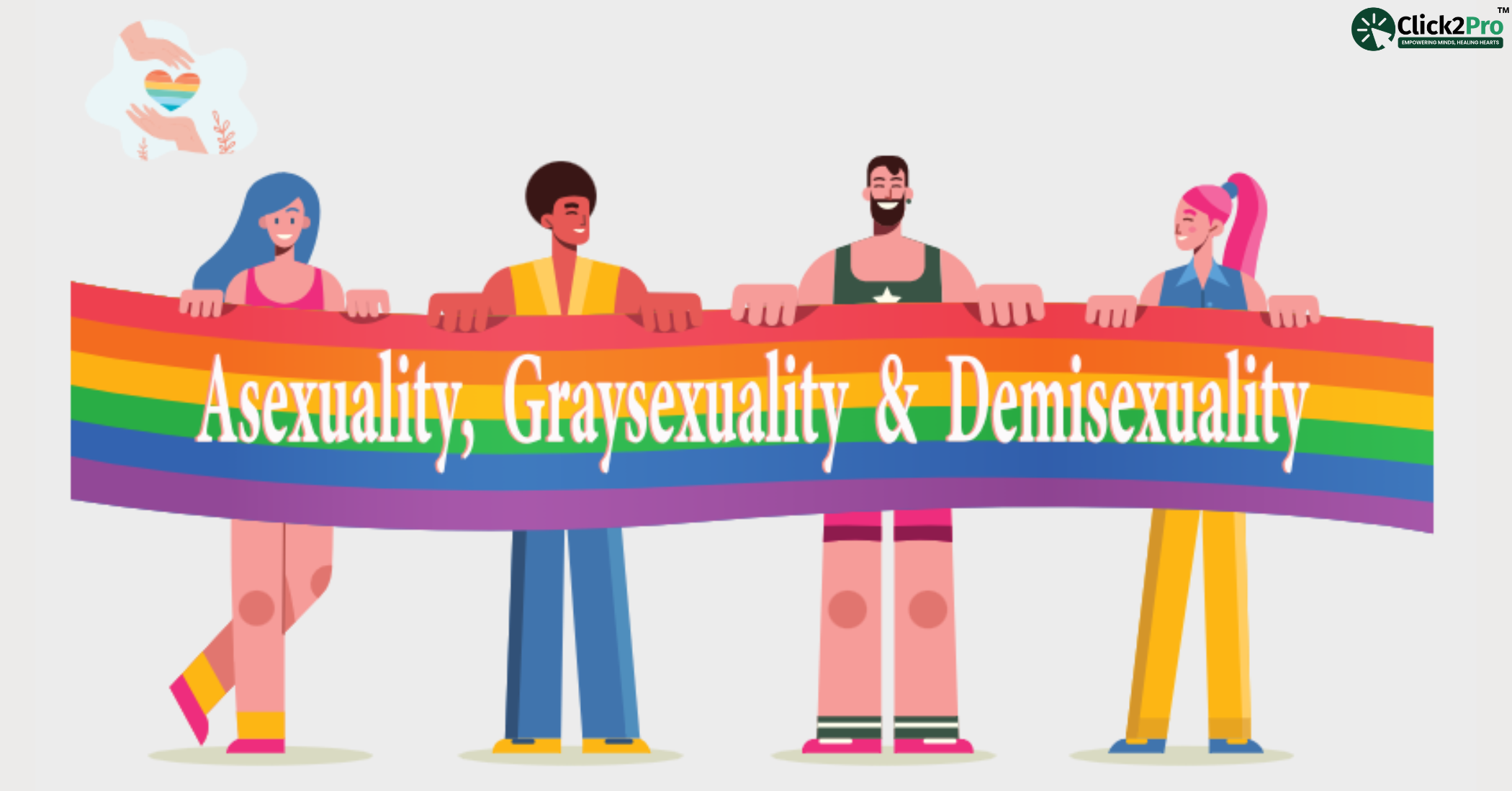 Illustration of diverse individuals holding a rainbow banner about Asexuality, Graysexuality & Demisexuality.