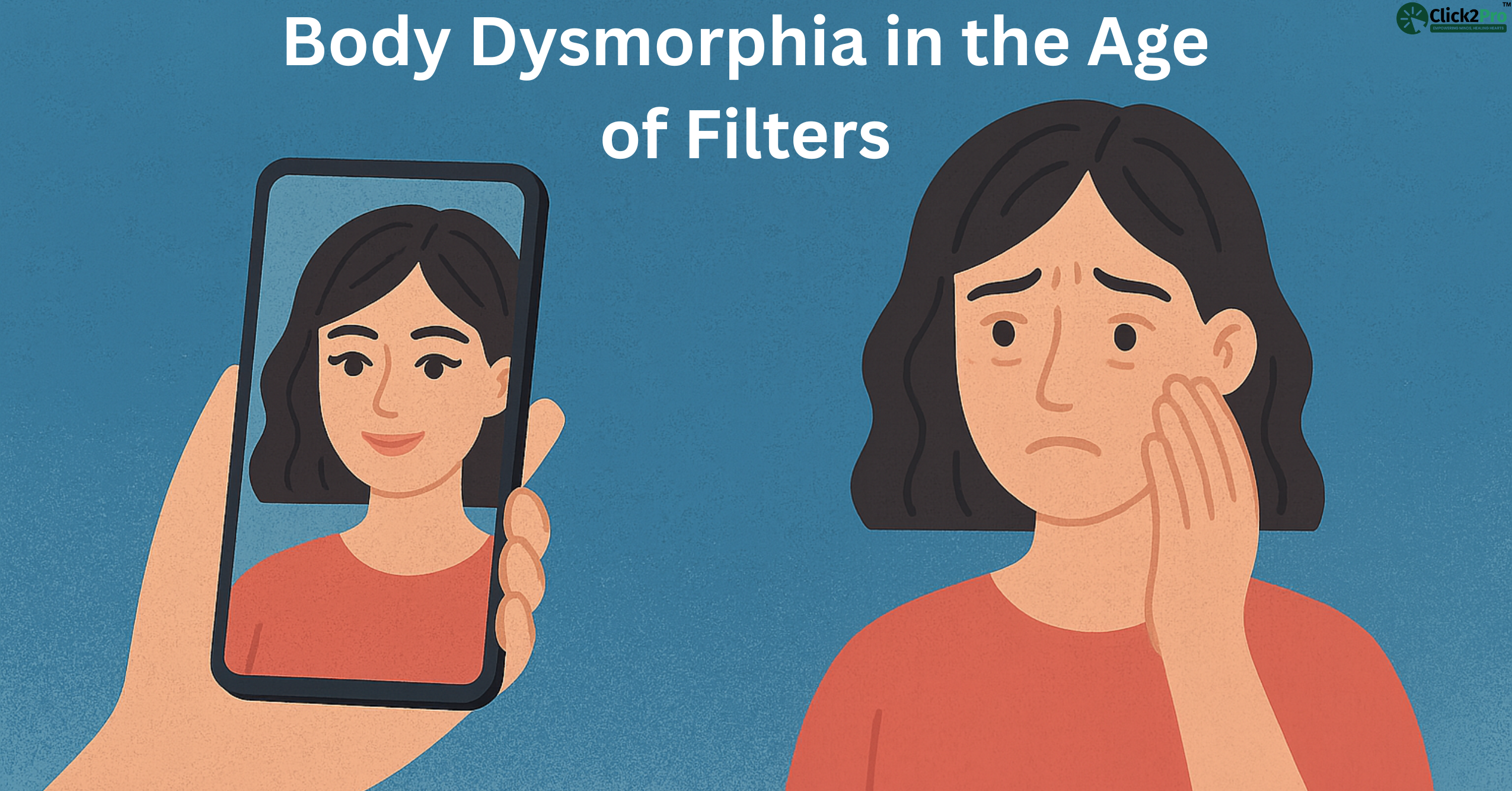 Woman with body dysmorphia comparing real face to filtered selfie on phone screen