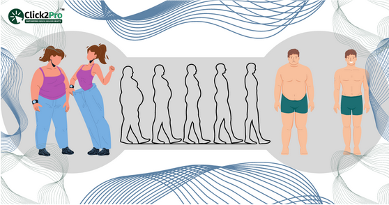 Illustration of body image issues in men and women, showing different body shapes and transformations.