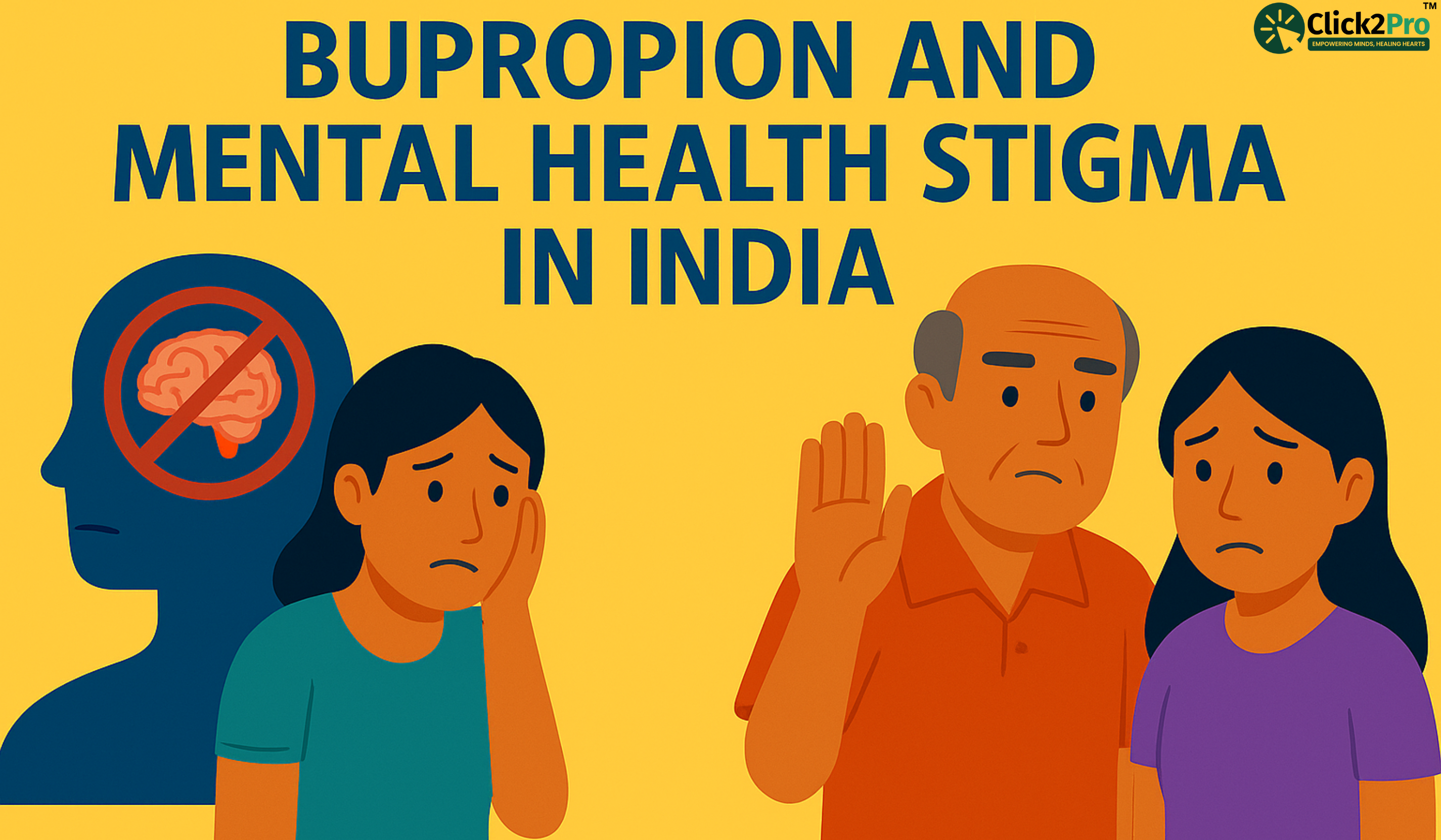 Bupropion and mental health stigma in India illustrated with family and emotional expression.