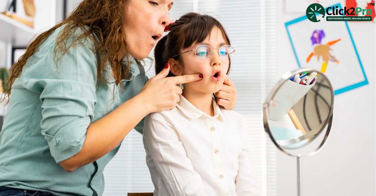 Therapist guiding child through body language therapy exercises with mirror for emotional expression.