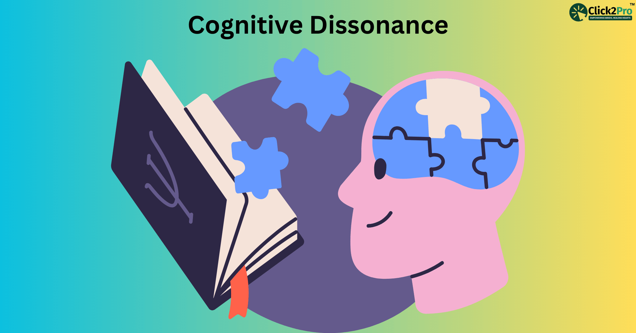 Illustration of cognitive dissonance with a puzzle brain and book, symbolizing mental conflict. Click2Pro.