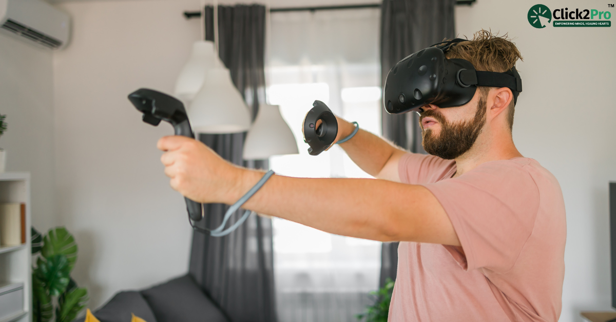 Man using virtual reality headset for phobia therapy at home, demonstrating VR exposure therapy.