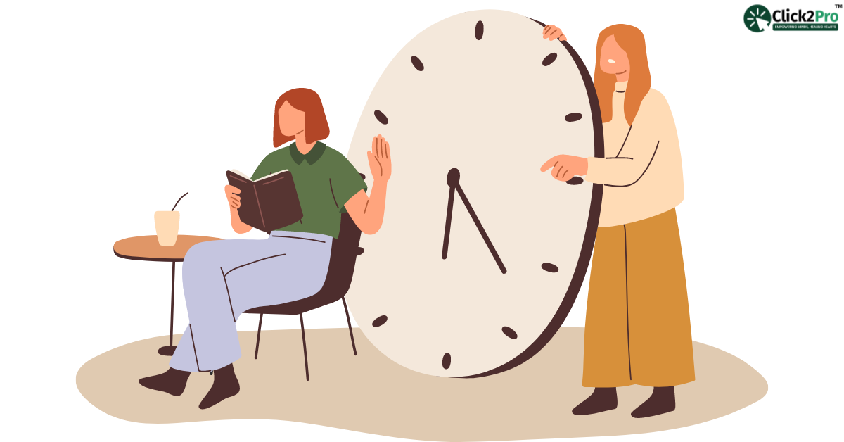 Illustration of two women dealing with time management, representing counseling to overcome procrastination.