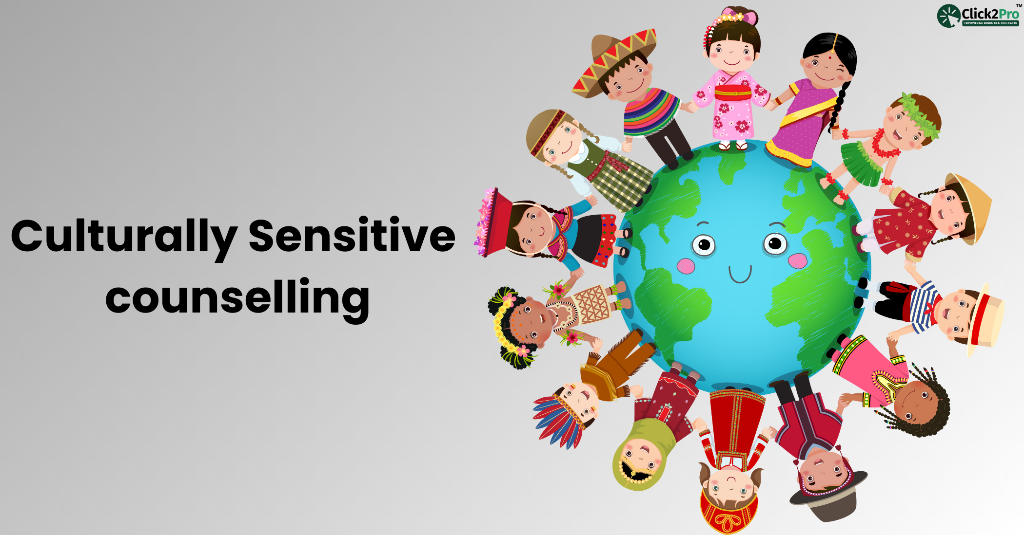 Culturally sensitive counselling with diverse children holding hands around a globe.