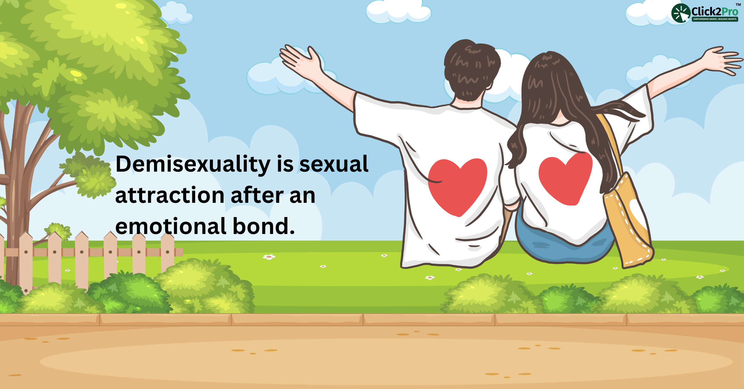 Illustration of a couple with heart shirts, symbolizing demisexuality as attraction after emotional bonding.