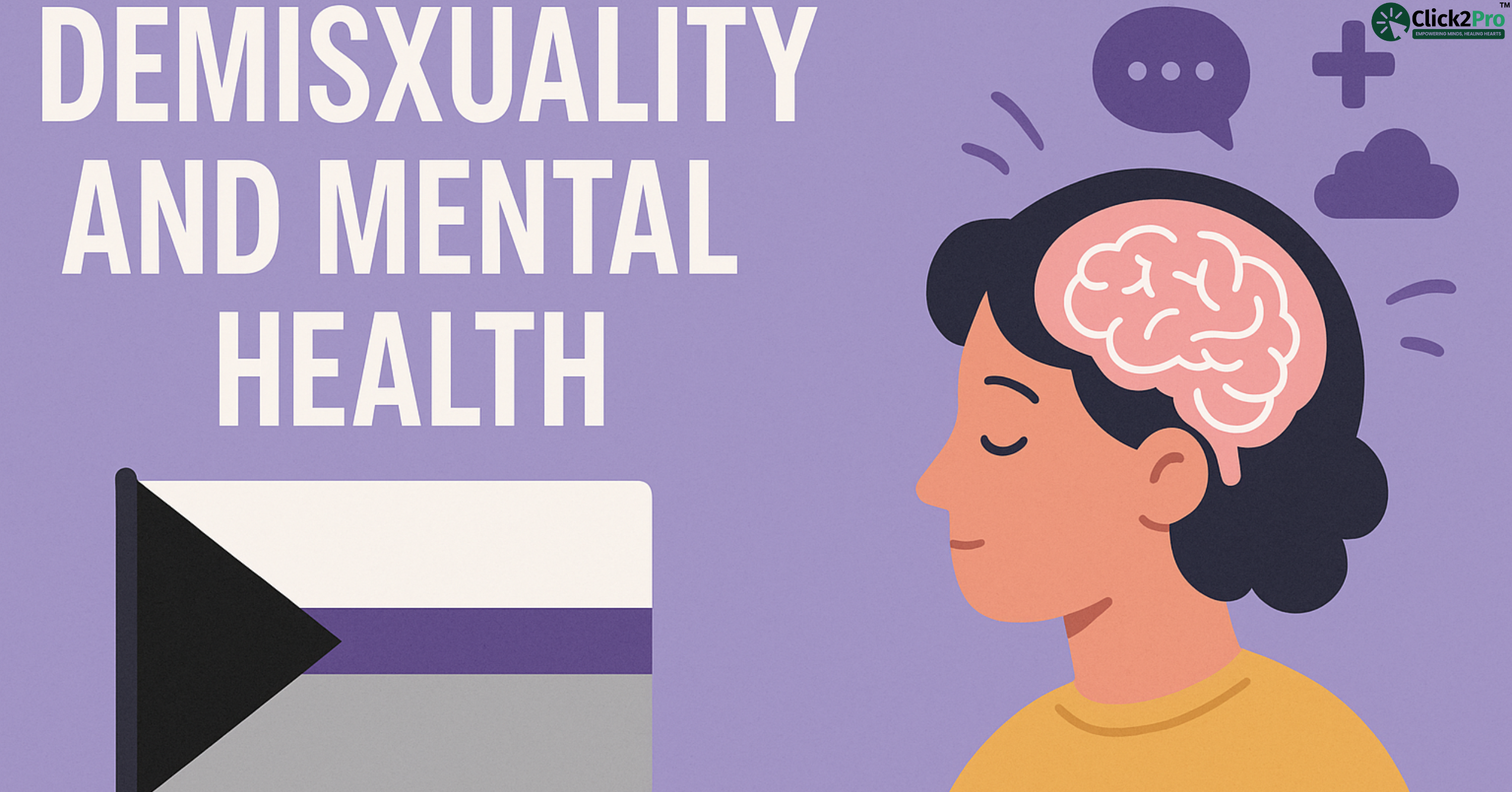 Illustration of demisexuality and mental health awareness with flag and brain graphic.