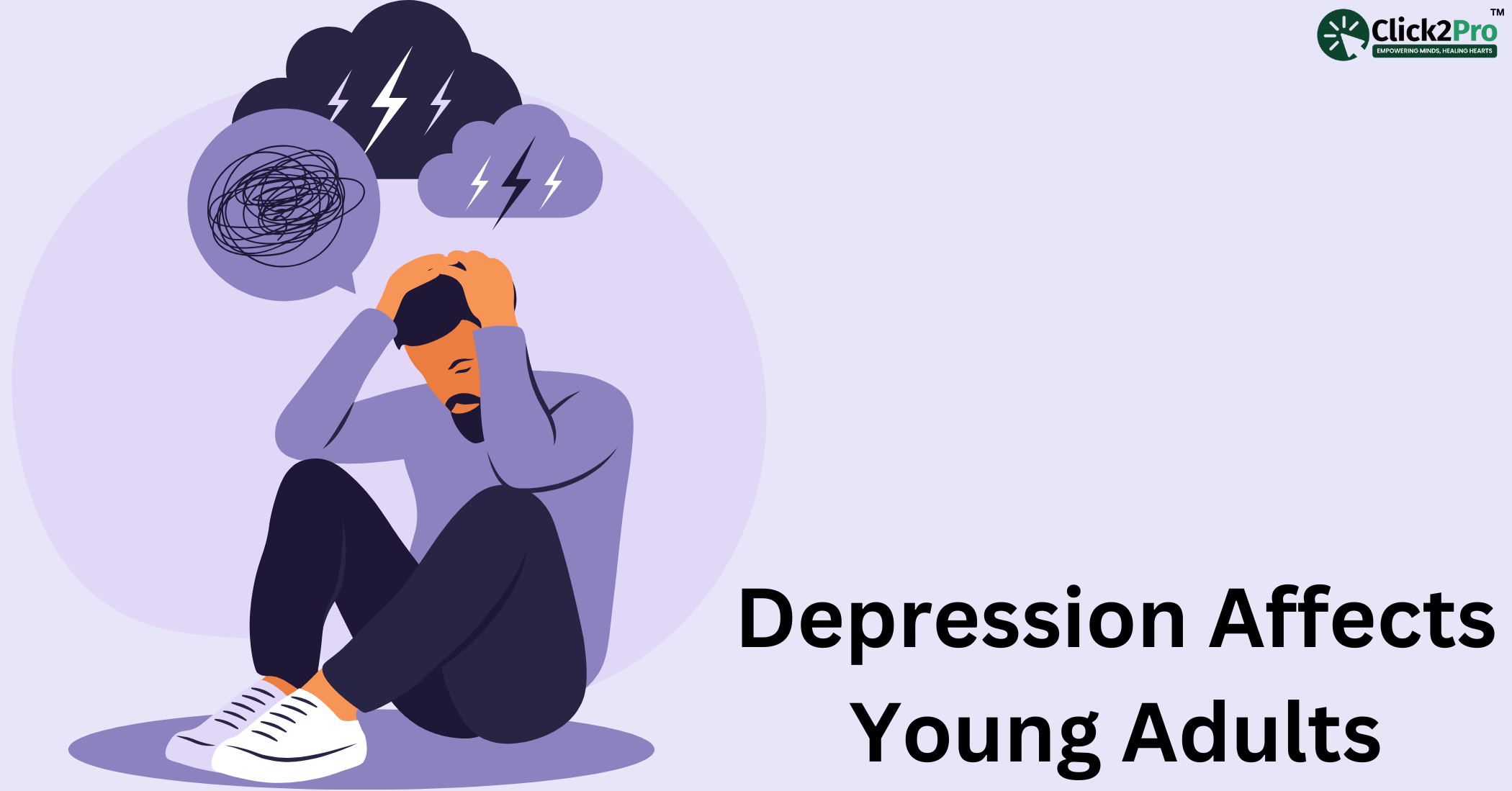 Illustration of a young adult struggling with depression, highlighting mental health challenges.