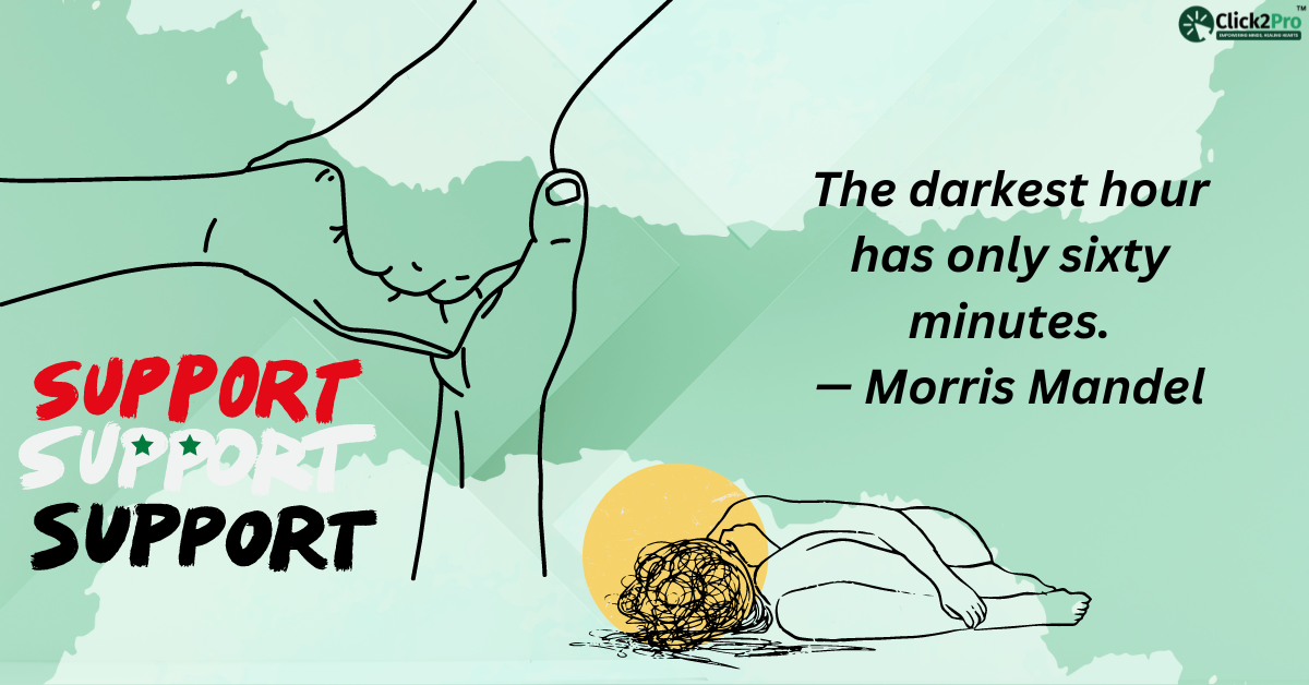 Support during depression: Illustration of a person in distress with a quote, 'The darkest hour has only sixty minutes,' emphasizing hope and recovery.