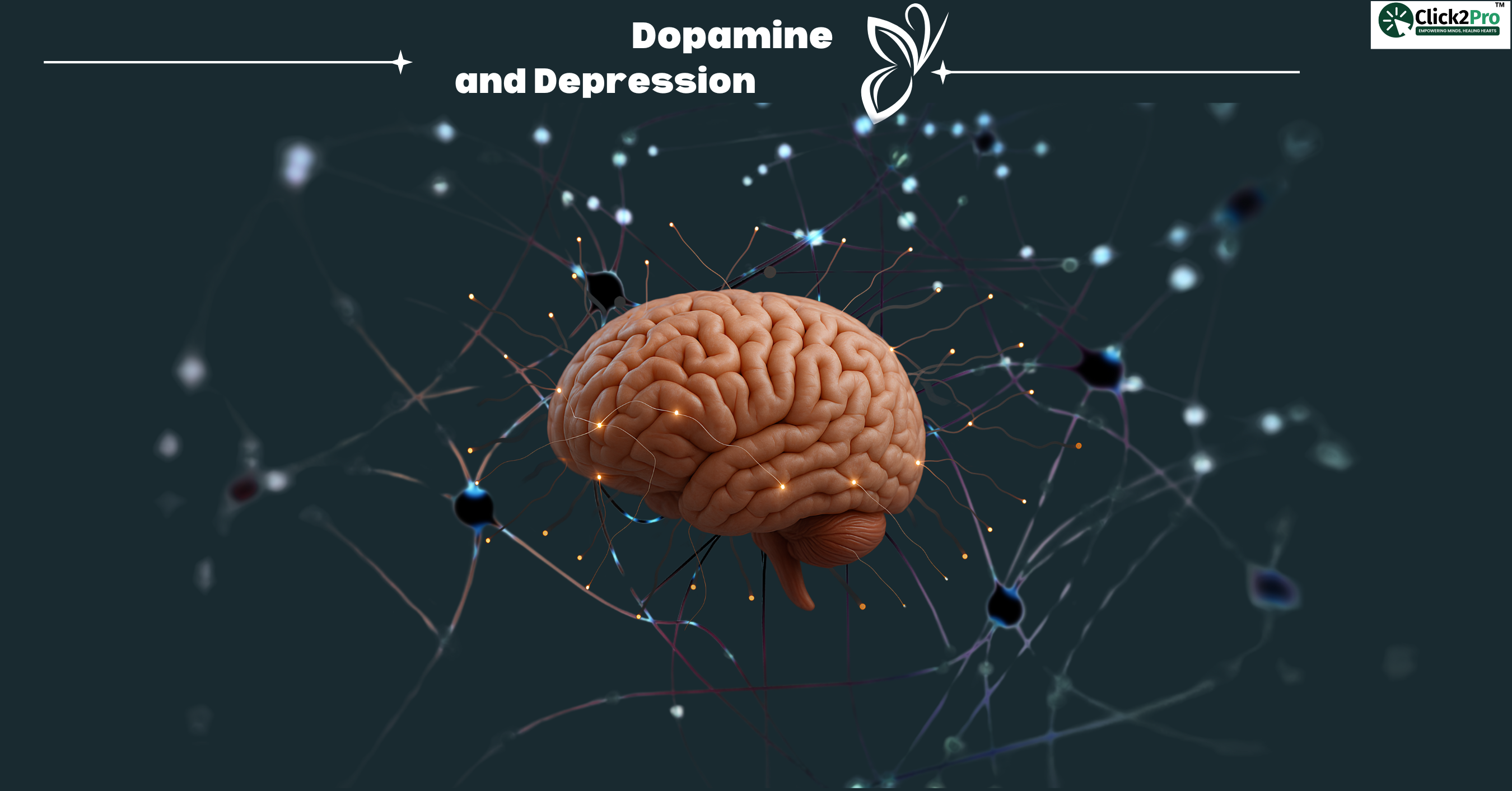 Illustration of brain and neurons showing dopamine link to depression – Click2Pro blog
