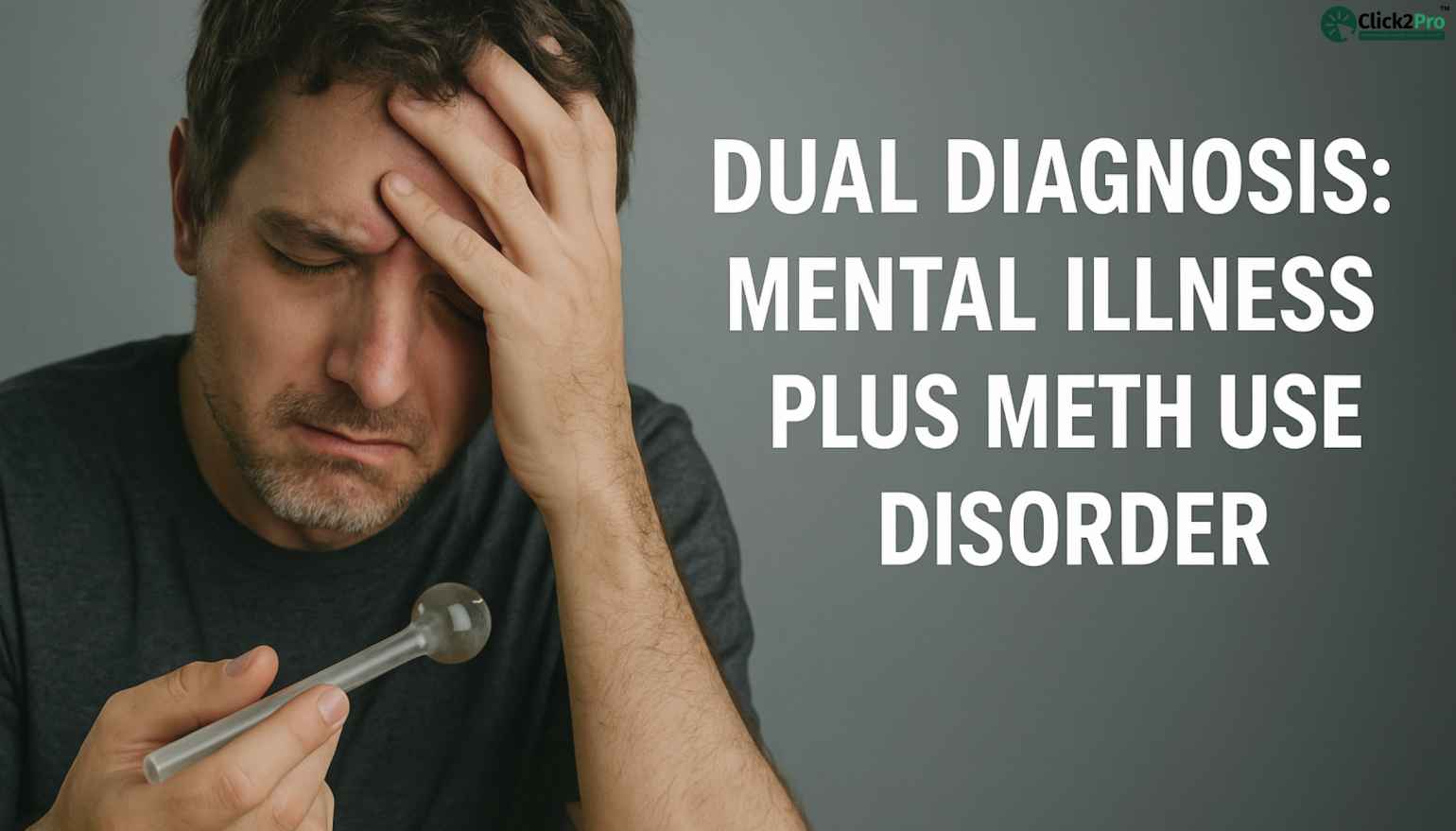 Man stressed holding meth pipe, highlighting dual diagnosis of meth use and mental illness