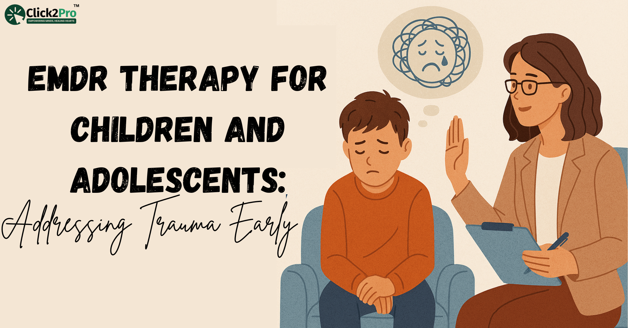 Child in therapy session with counselor; EMDR for childhood trauma support and healing.