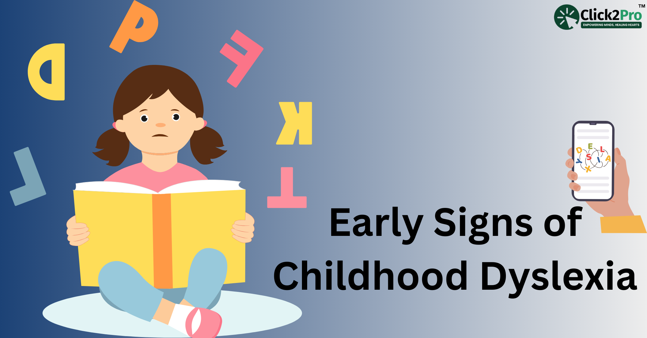 Illustration of a worried child reading a book with jumbled letters, highlighting early signs of childhood dyslexia.