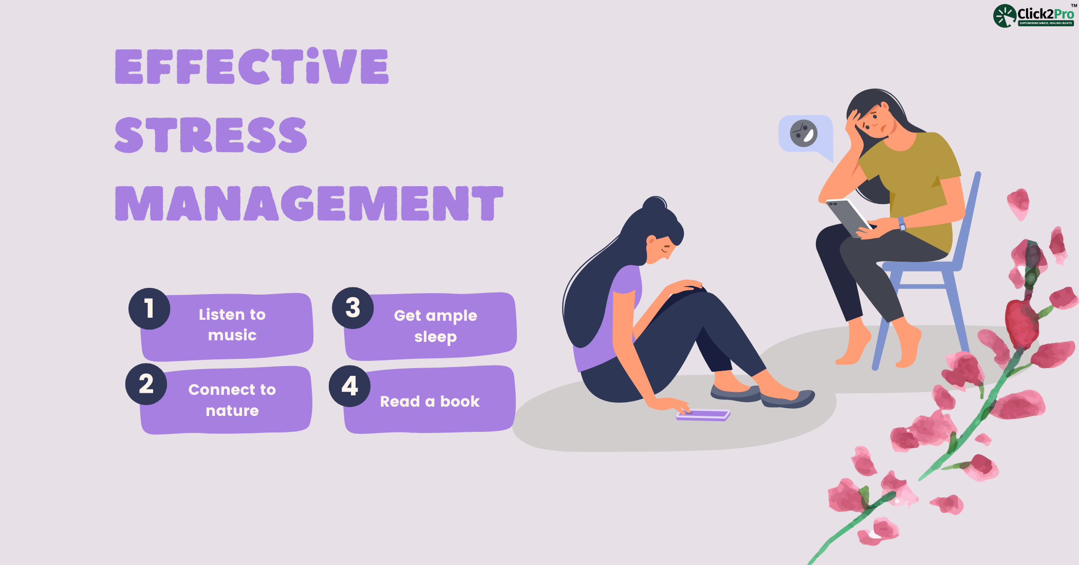 Effective stress management tips including music, sleep, nature, and books for mental well-being.