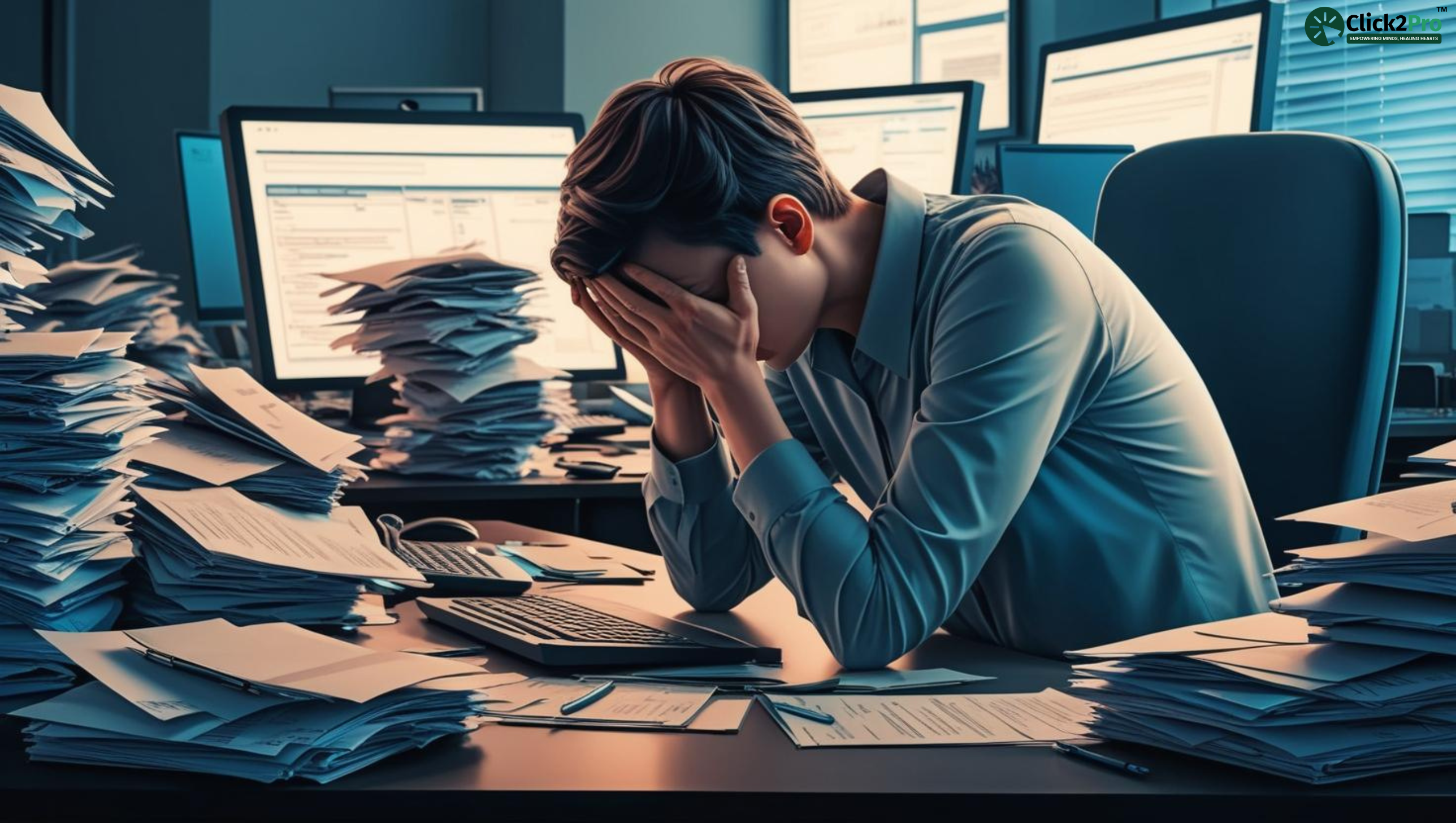 Stressed employee surrounded by paperwork in an office, highlighting workplace stress challenges.