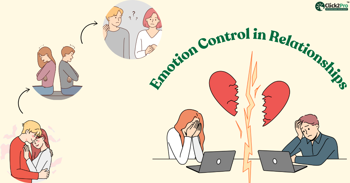 Illustration showing the impact of emotion control in relationships with examples of conflict and resolution.