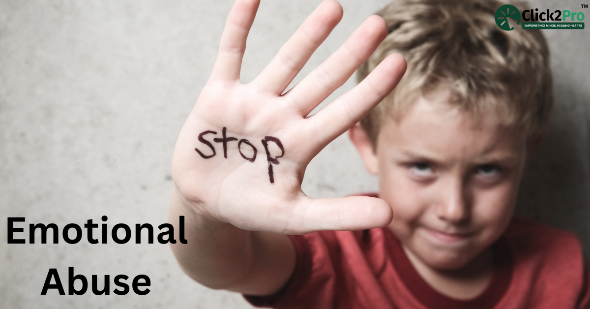 Child holding hand with 'stop' written on it, symbolizing resistance against emotional abuse.