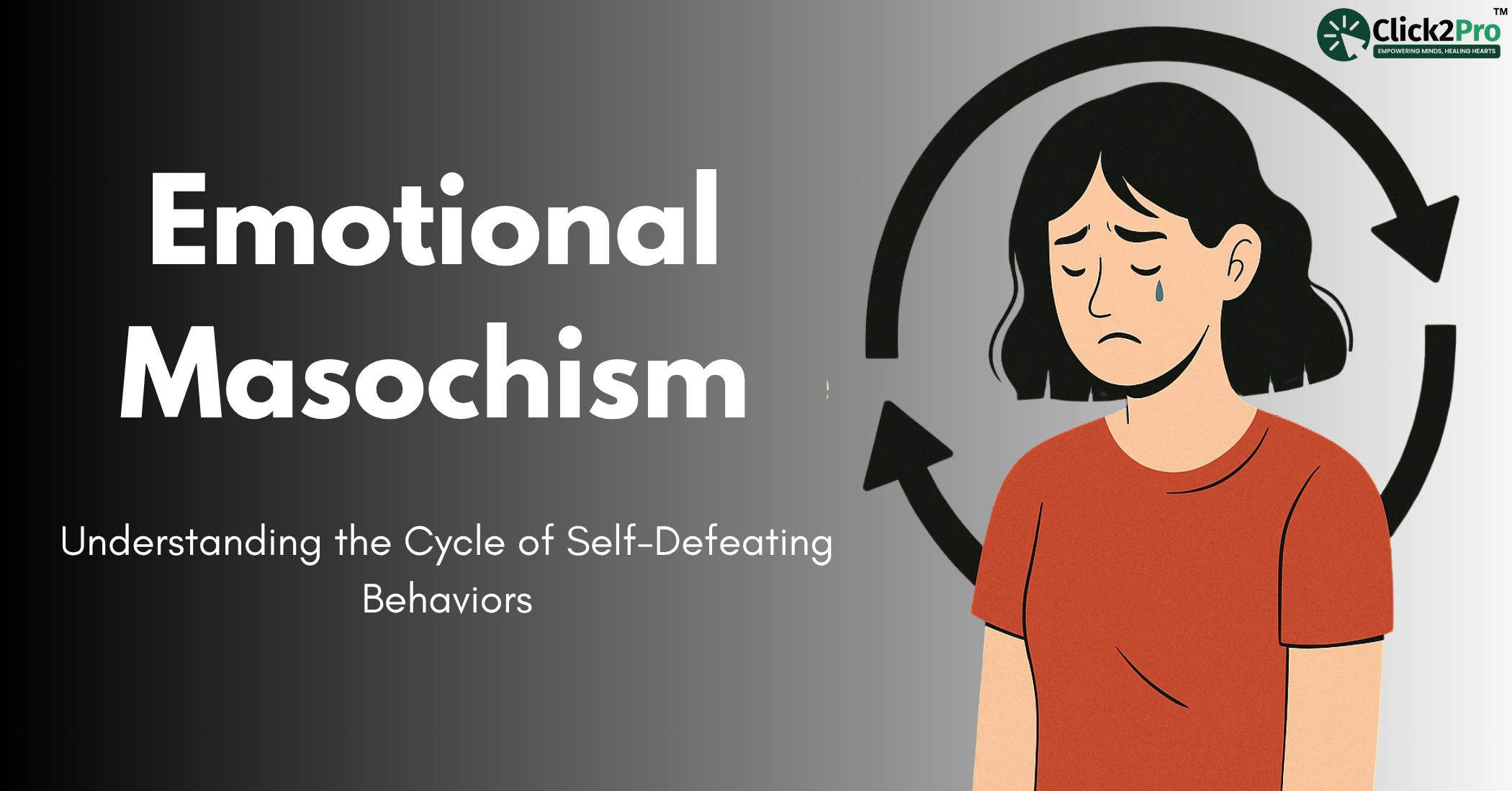 Illustration of emotional masochism showing a sad woman trapped in a self-defeating behavior cycle.
