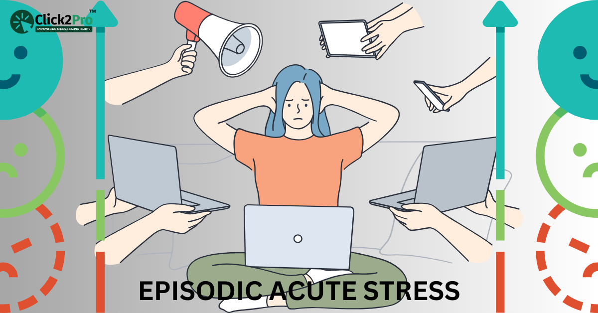 Illustration of a person experiencing episodic acute stress with multiple stressors around them.