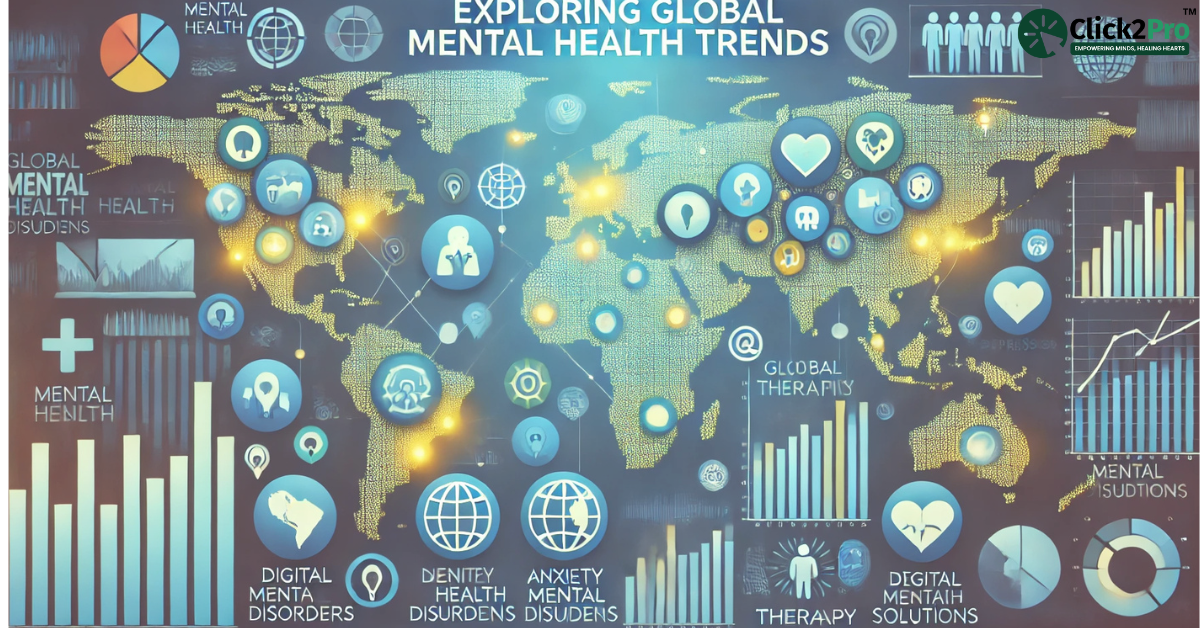 World map showing mental health statistics, global trends, digital therapy solutions, and data insights.