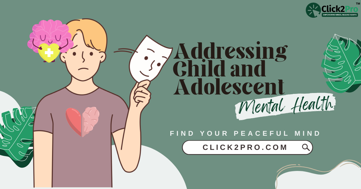 Illustration of child holding a mask, symbolizing mental health, with title 'Addressing Child and Adolescent Mental Health.