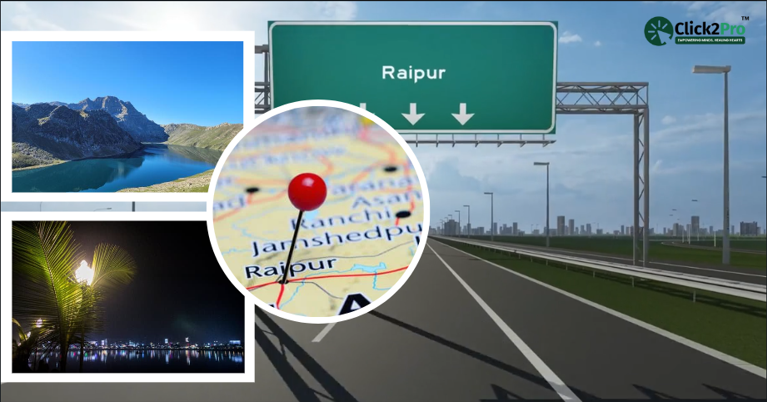 Raipur city map, highway sign, and local scenic spots, illustrating urbanization impact on mental health.