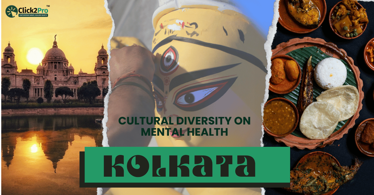 Impact of Kolkata’s cultural diversity on mental health, featuring local icons, traditions, and cuisine.