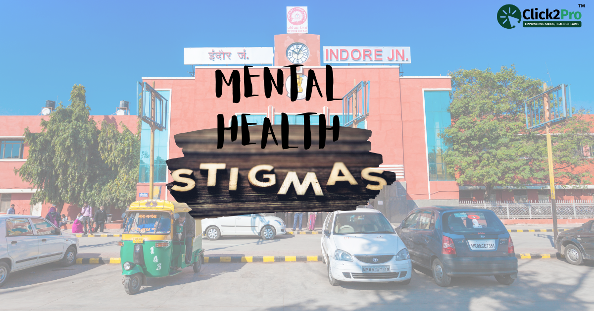 Mental health stigma in Indore with Indore Junction background highlighting local mental health issues.