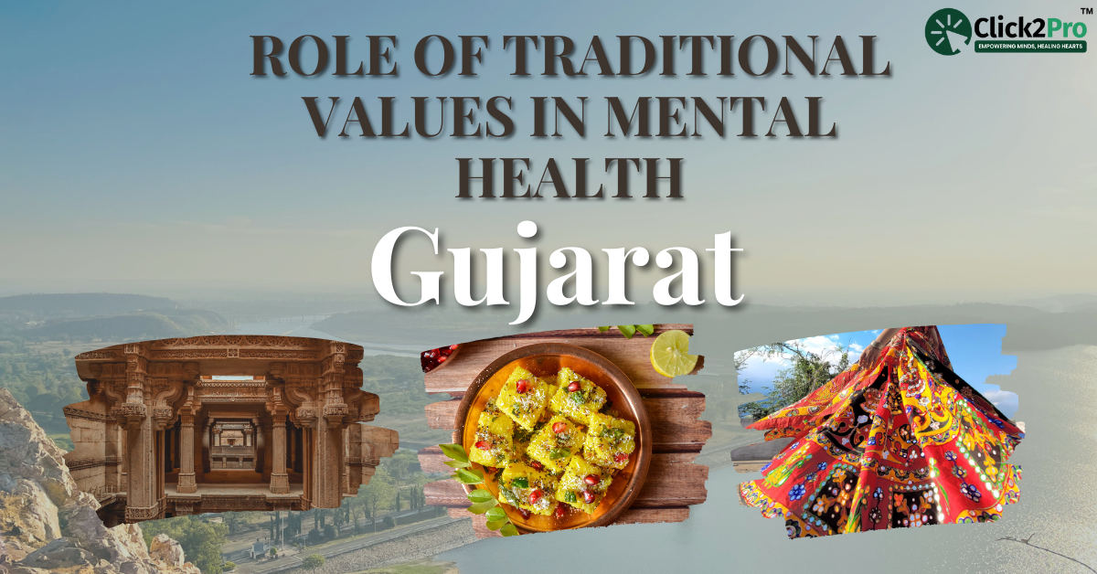 Role of Traditional Values in Mental Health Support in Gujarat, showcasing cultural symbols and practices.