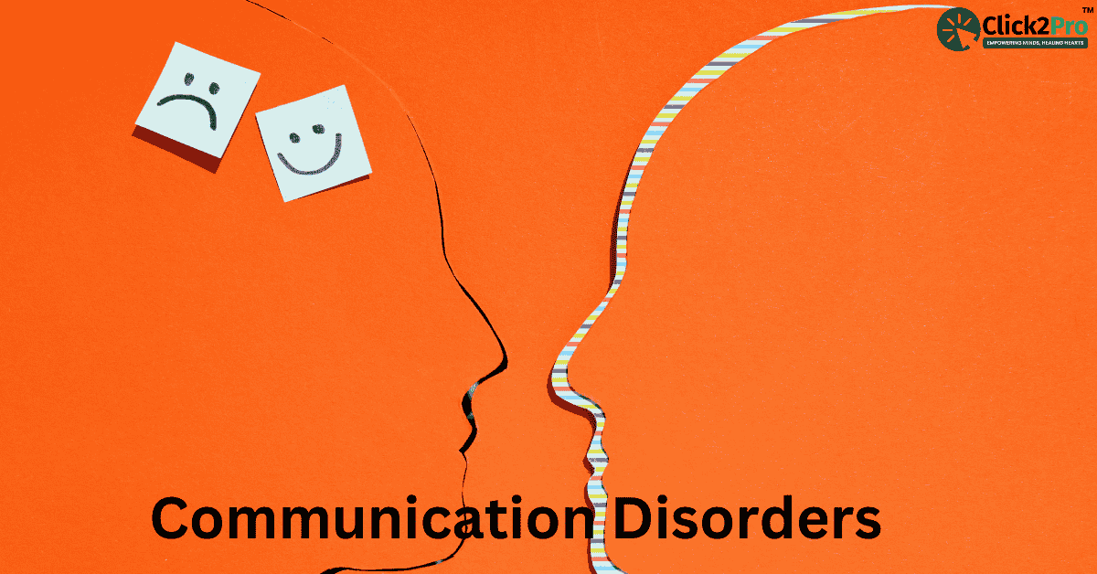 Illustration of communication disorders showing faces with happy and sad expressions, highlighting impact on social and academic development.