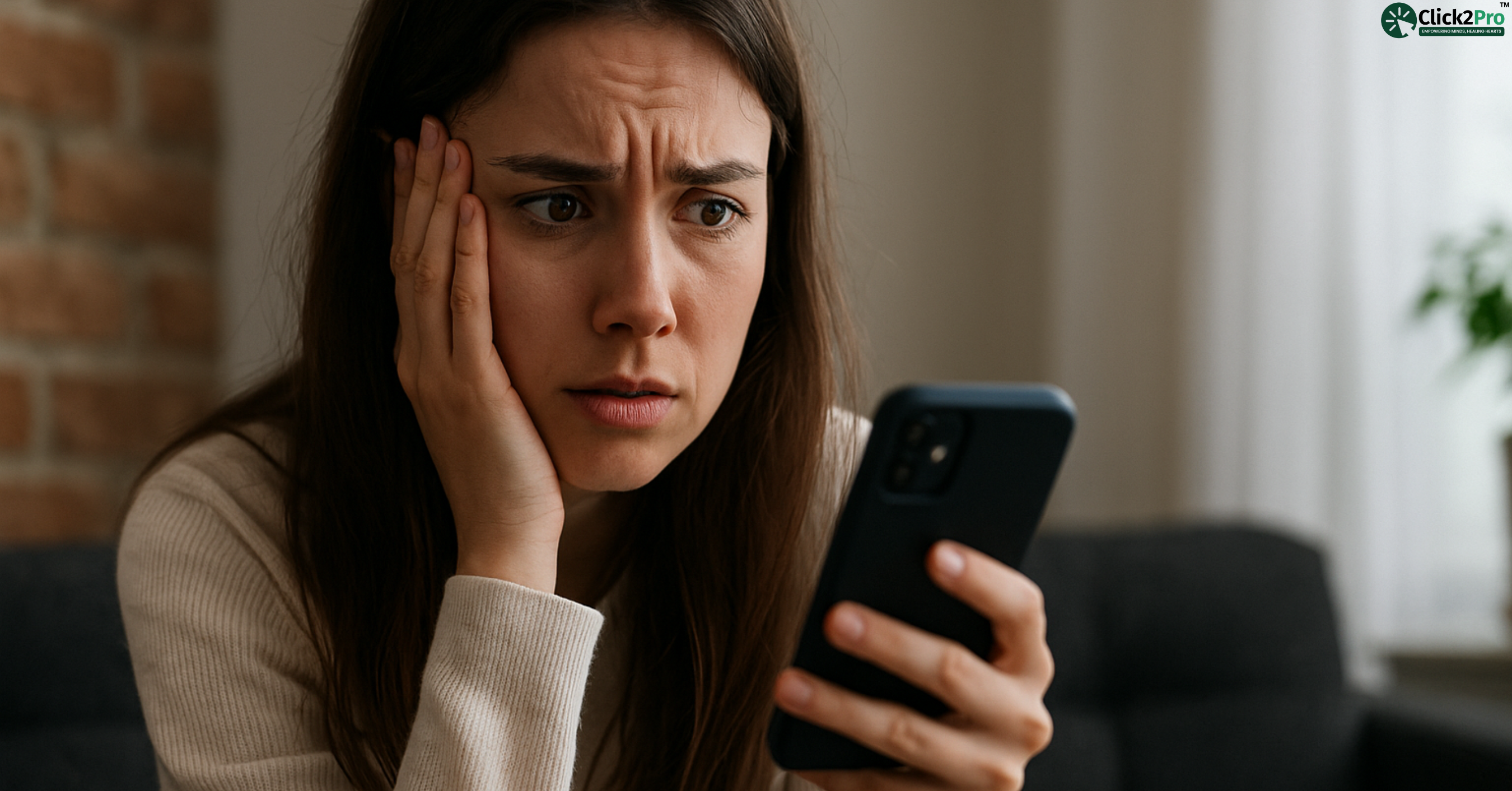 Worried young woman experiencing FOMO while scrolling social media on her phone