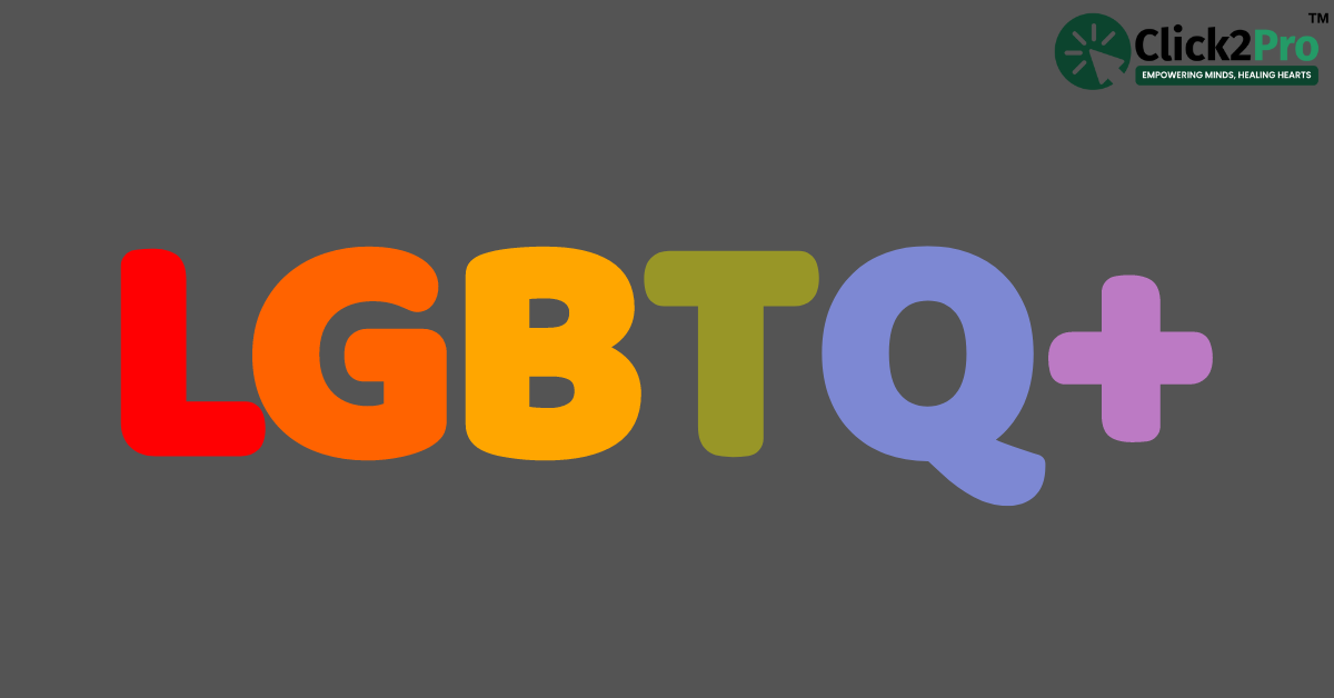 LGBTQ+ in colorful text on a dark background, representing inclusivity and mental health support.