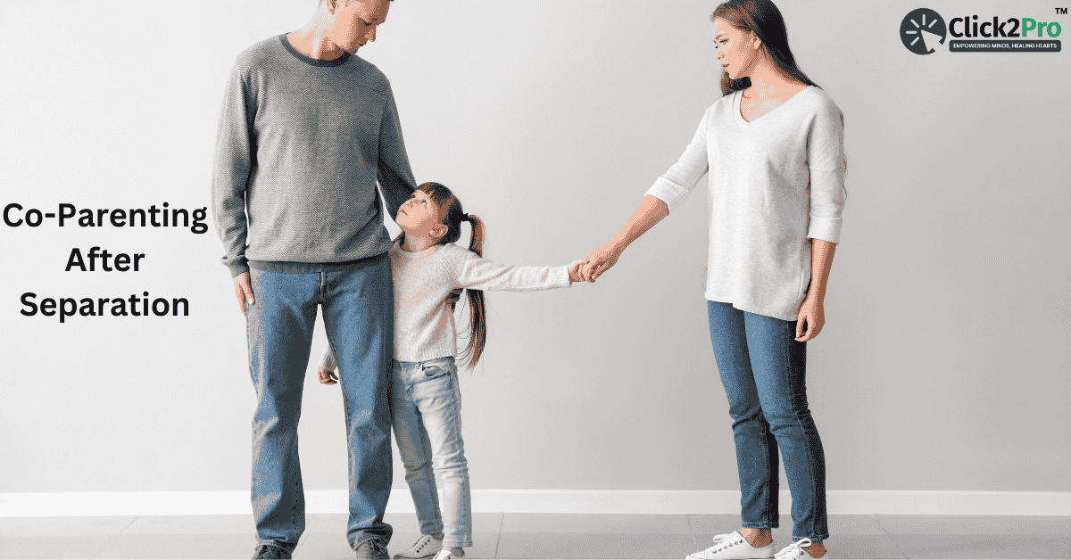 Parents holding hands with a child between them, symbolizing co-parenting after separation