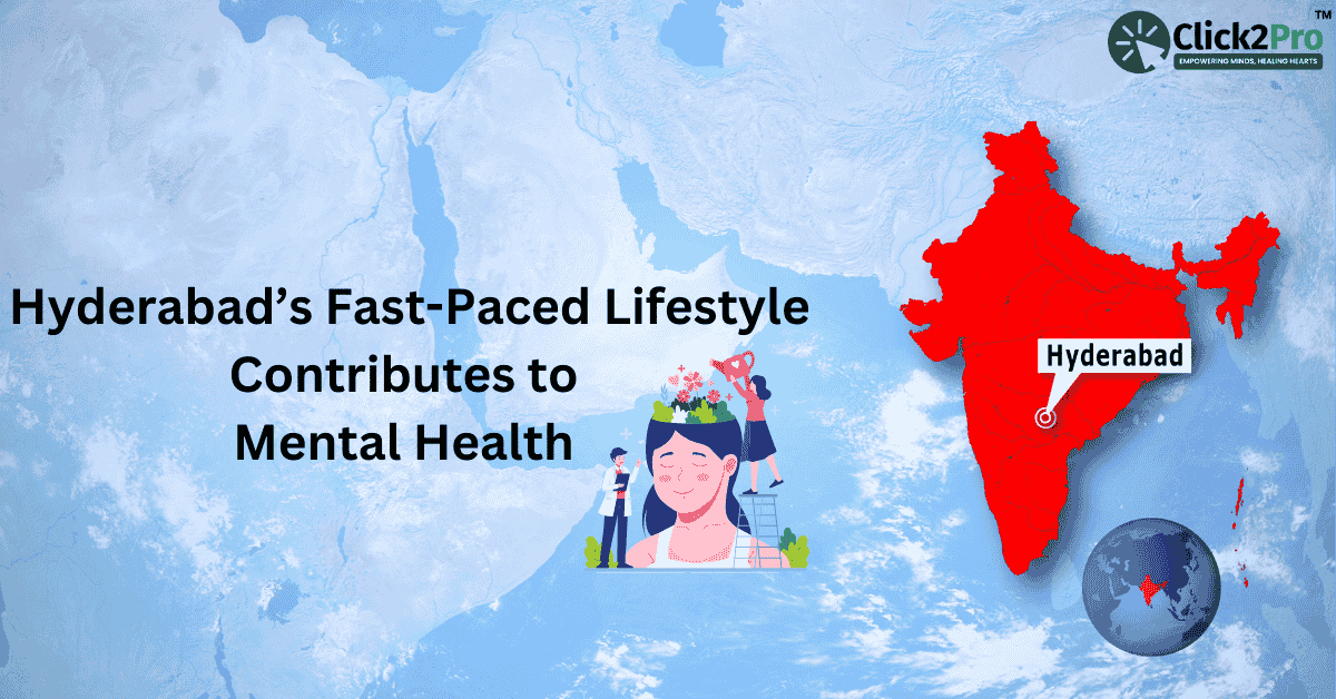 Map of India highlighting Hyderabad’s fast-paced lifestyle and its impact on mental health issues