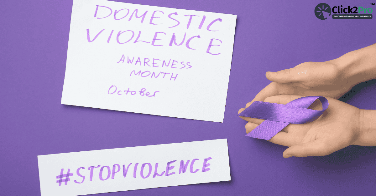 Domestic Violence Awareness Month in October with purple ribbon symbol and StopViolence message