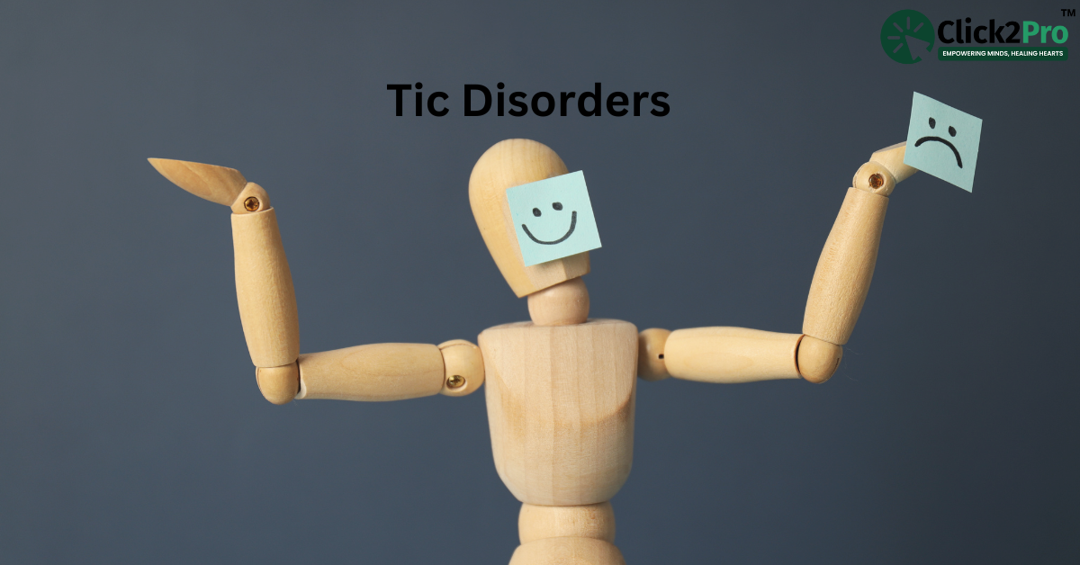 Wooden figure with happy and sad faces representing Tic Disorders. Learn about symptoms and causes.