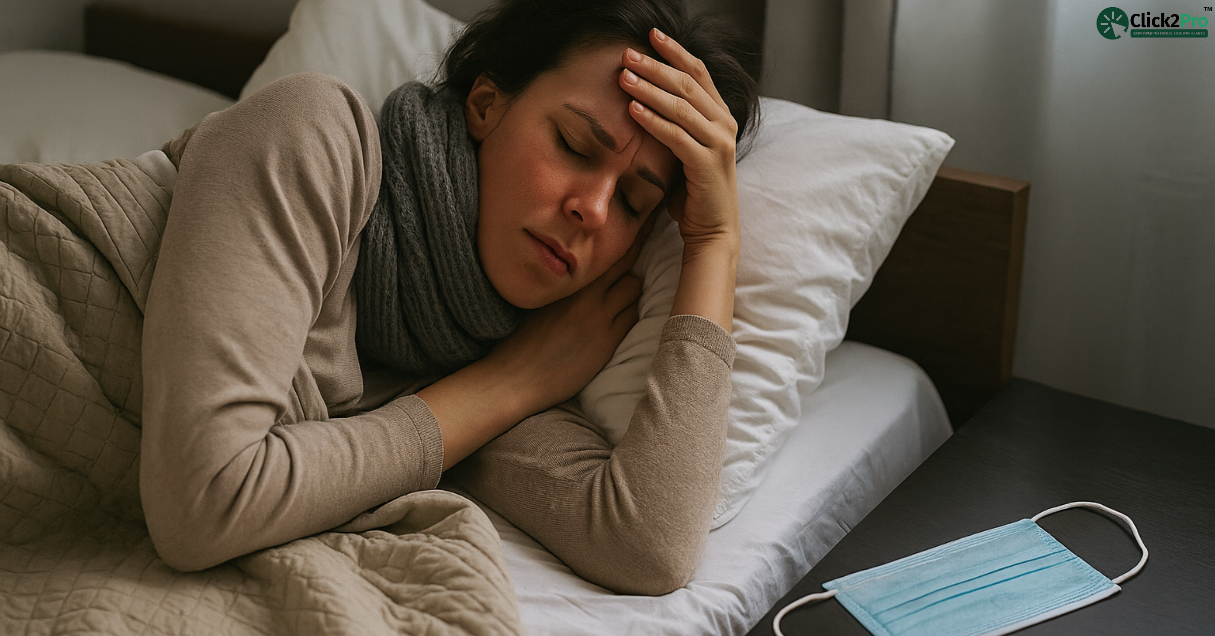 Woman with fever and headache during COVID-19, lying in bed next to a face mask