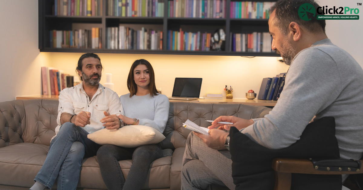 Couple in first premarital counselling session with therapist, discussing relationship goals