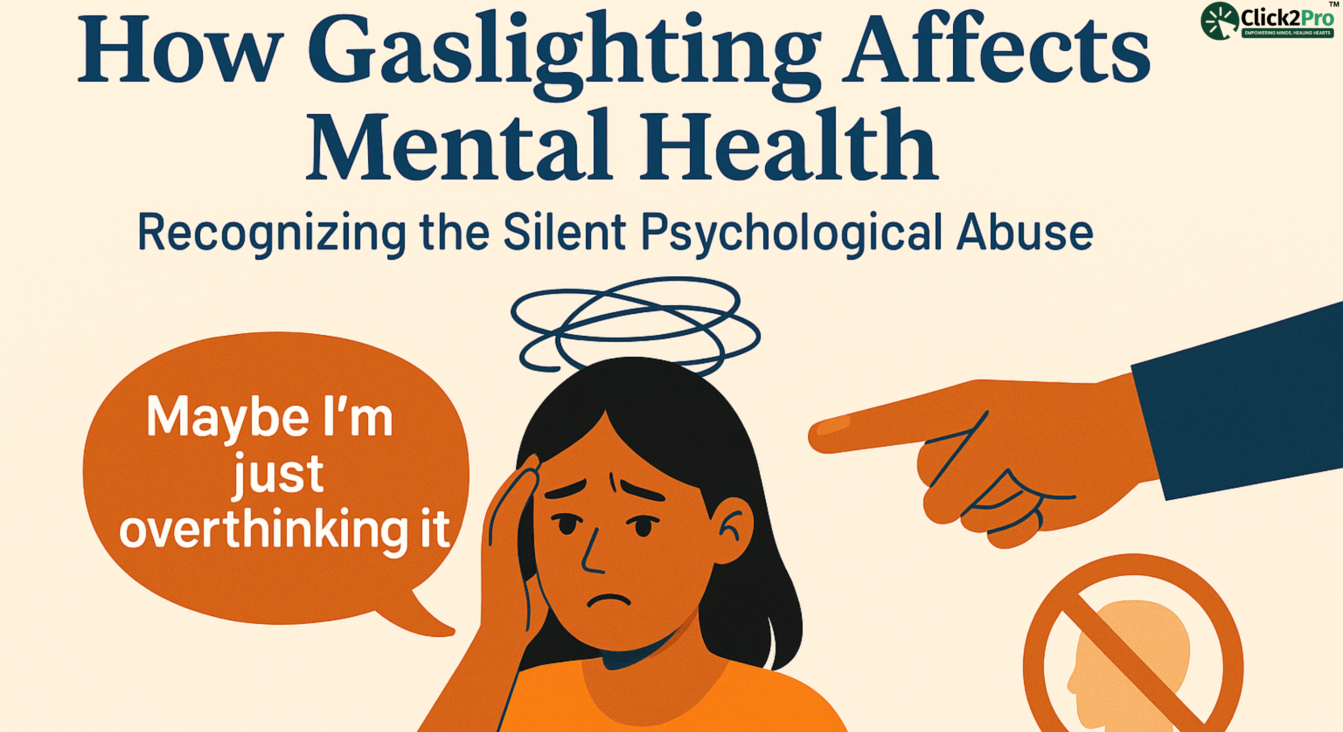 Illustration of gaslighting's impact on mental health with a confused woman doubting her thoughts.