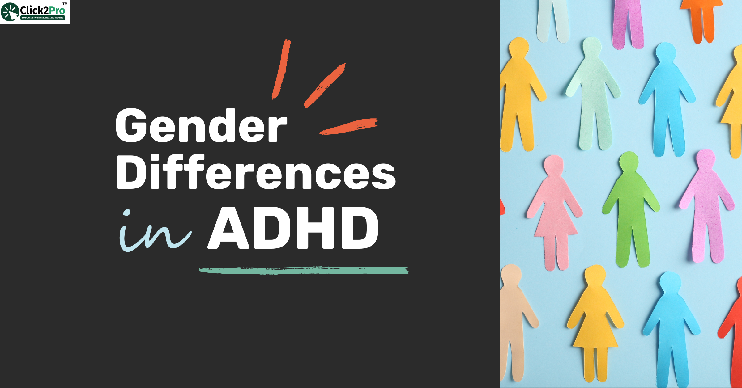 Gender differences in ADHD concept with male and female paper cutouts on colorful background