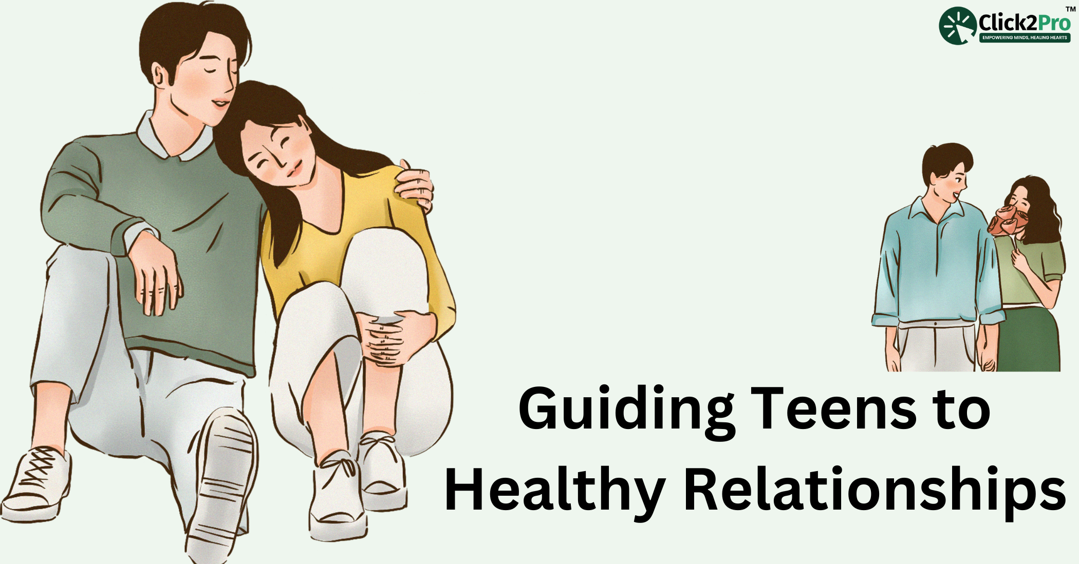 Illustration of happy teen couples showcasing healthy relationships. Click2Pro guide on teen relationship education.