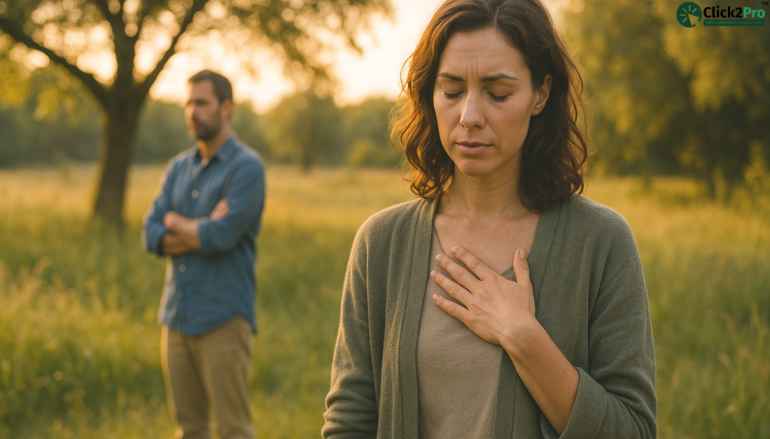 Woman feeling emotional distance during passive aggressive conflict with partner outdoors.