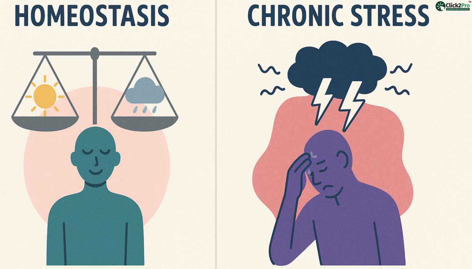 Illustration comparing balanced homeostasis with the imbalance of chronic stress