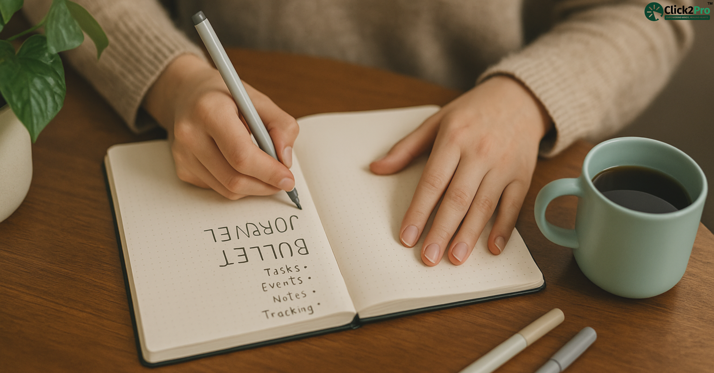 Person writing bullet journal for tasks and mental clarity with coffee