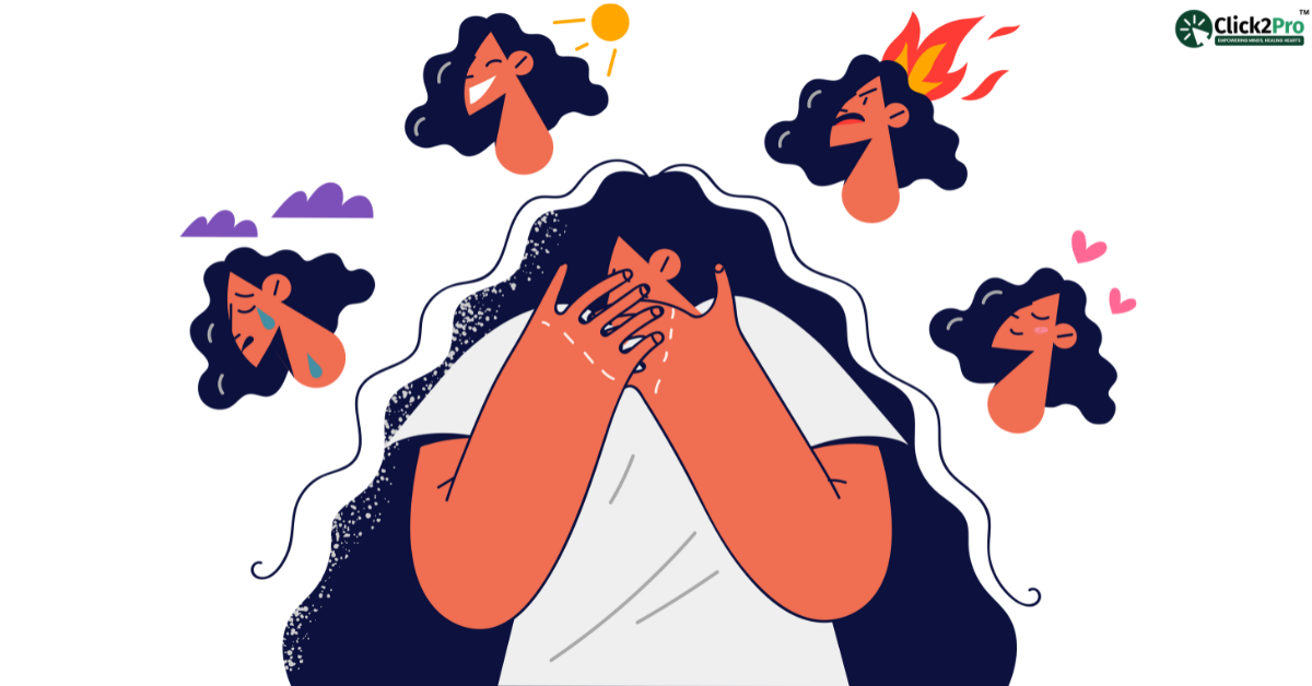 Illustration of a woman managing schizophrenia with varying emotions using Cognitive Behavioral Therapy (CBT)