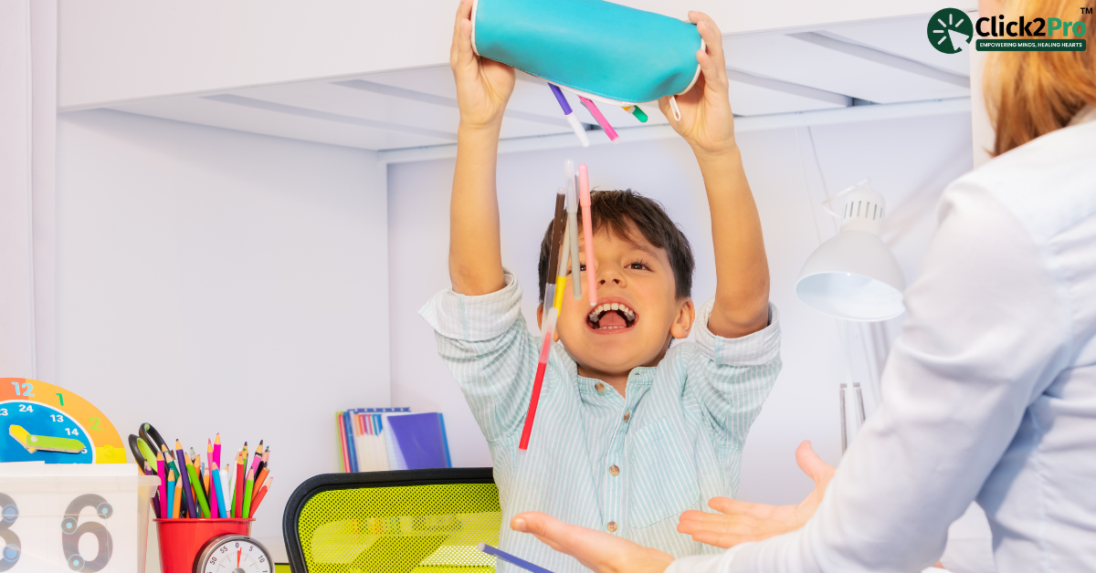 Child engaging in play therapy with a therapist to manage OCD symptoms, highlighting CBT techniques